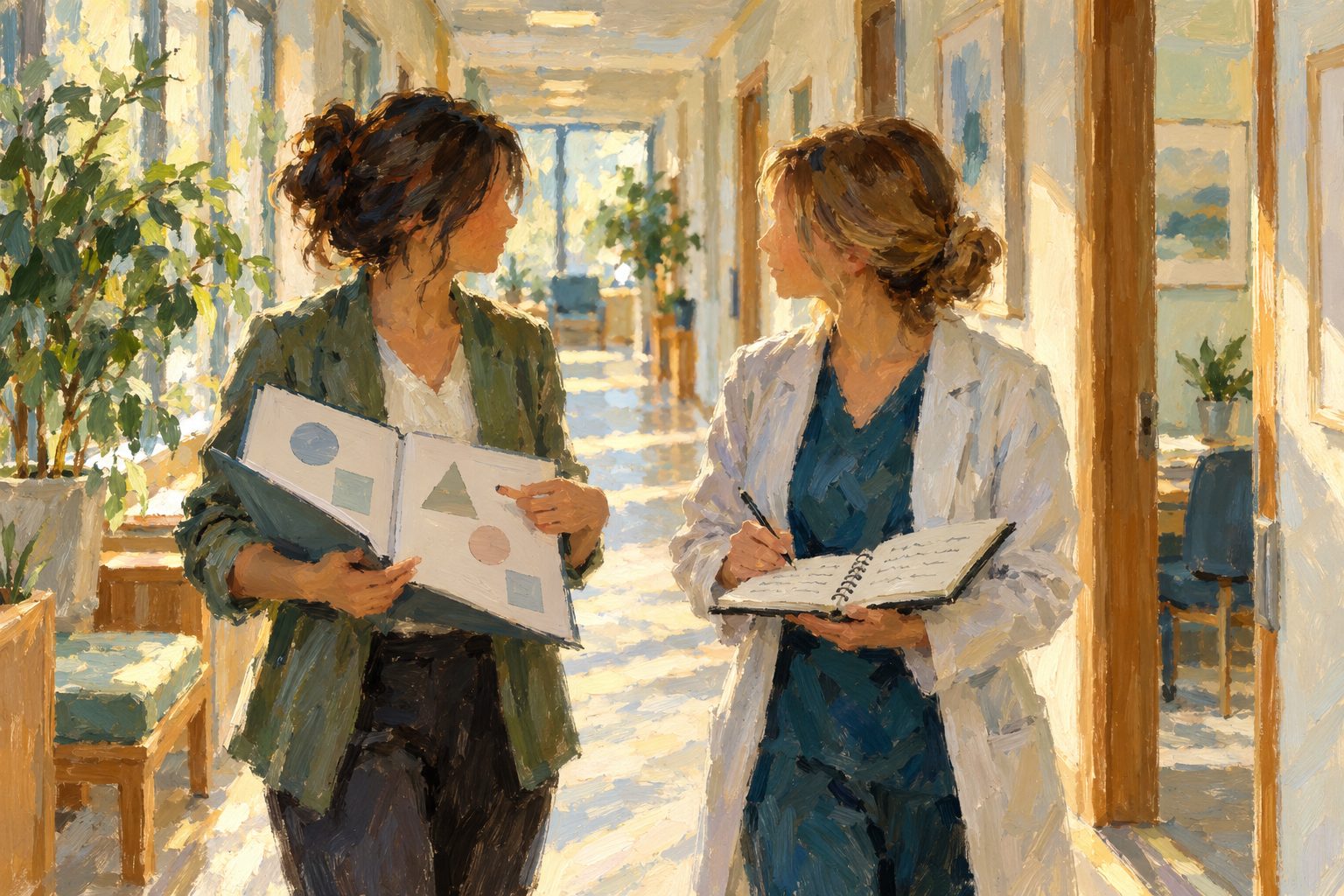 Pintura impresionista de dos profesionales comparando notas en un pasillo de consulta, evaluacion psicologica y neuropsicologica