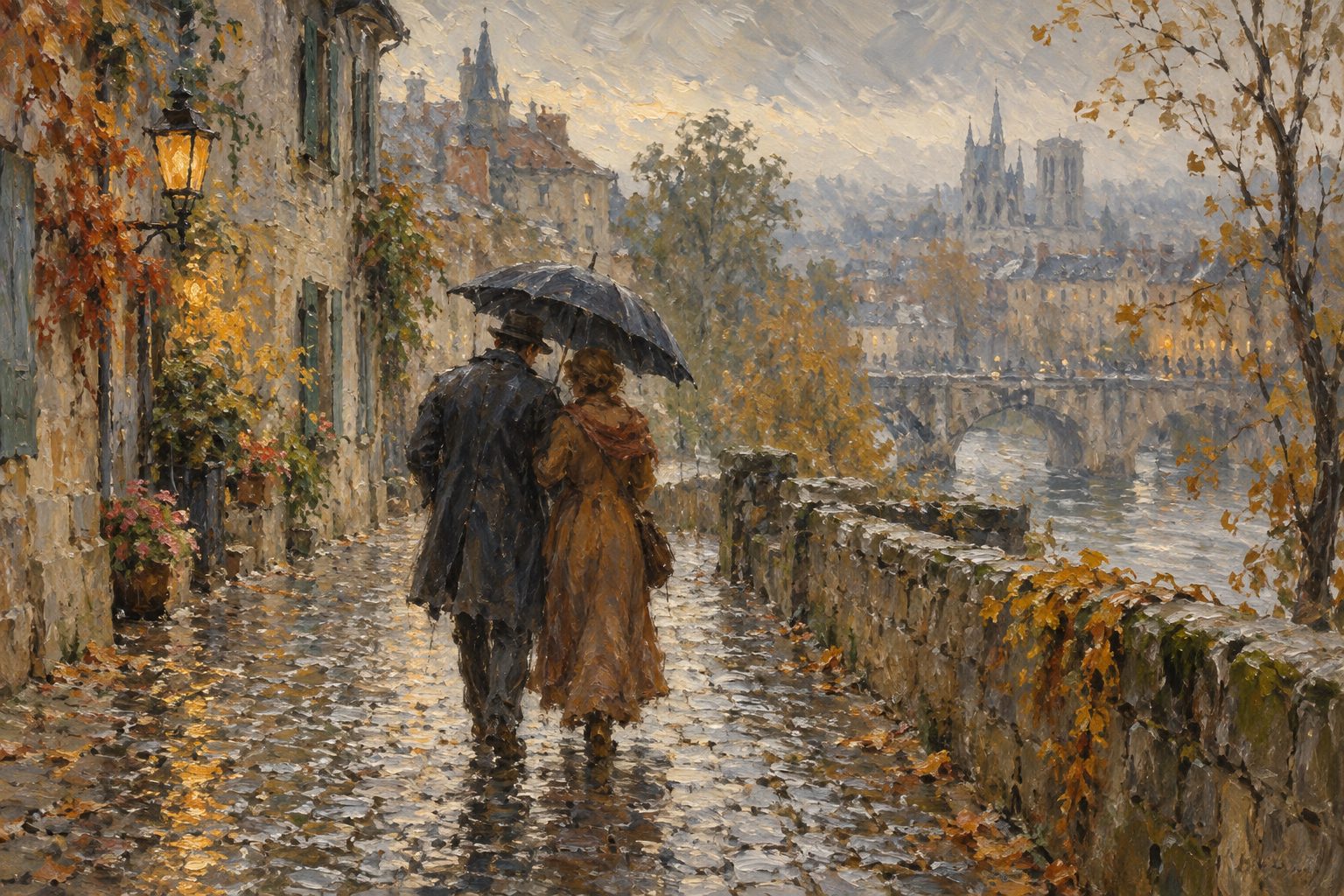 Pintura impresionista de dos personas bajo un paraguas en la lluvia, sobre inteligencia emocional y empatia
