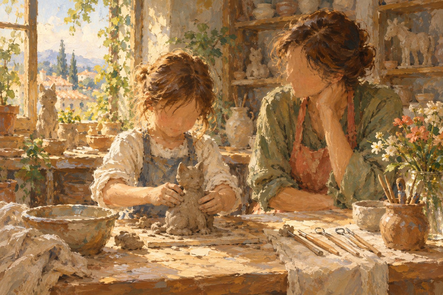 Pintura impresionista de un nino modelando con esfuerzo una figura de arcilla junto a un adulto que observa, sobre la disgrafia