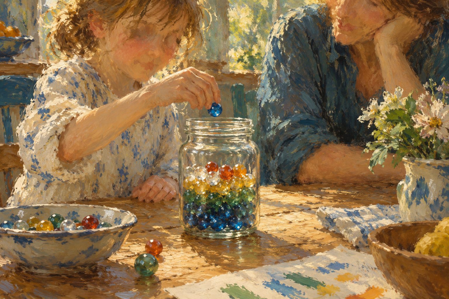 Pintura impresionista de un niño con canicas de colores, ilustrando la economía de fichas