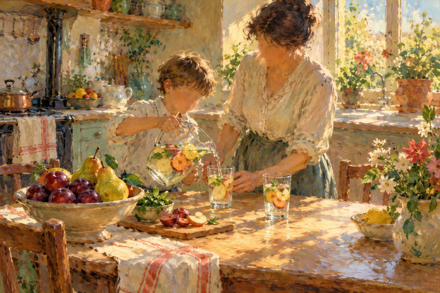 Pintura impresionista de un nino preparando agua de fruta con un adulto en la cocina, sobre la encopresis infantil