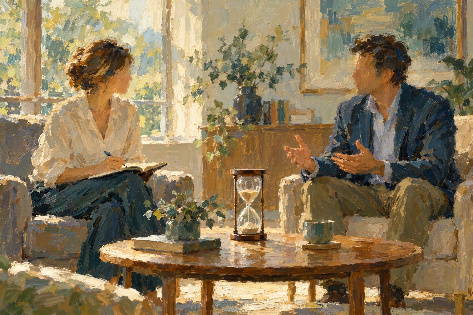 Pintura impresionista de una conversacion de entrevista laboral con un reloj de arena a medio vaciar, sobre la entrevista por competencias y el metodo STAR