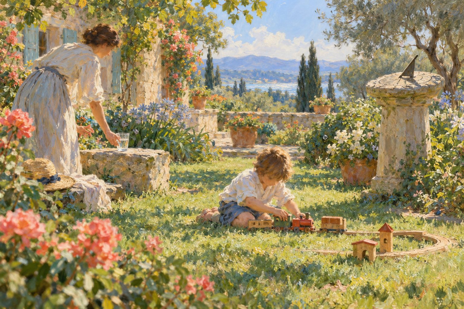 Pintura impresionista de un nino absorto jugando en el jardin mientras un adulto deja agua cerca, sobre la enuresis diurna