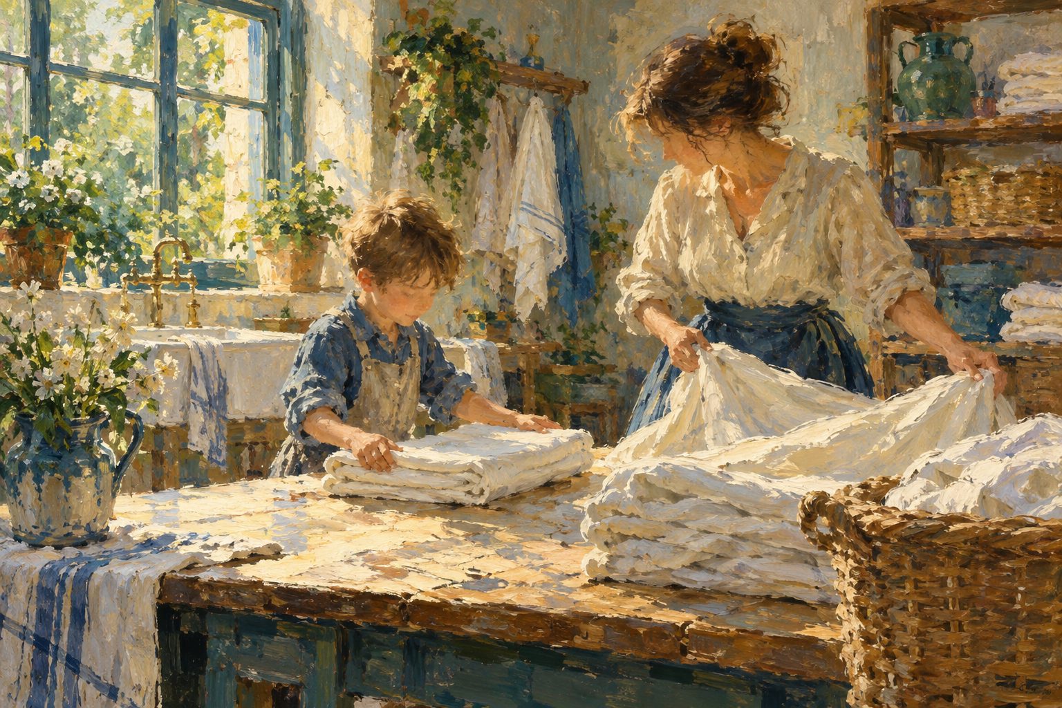 Pintura impresionista de un niño doblando sábanas, sobre la enuresis nocturna infantil
