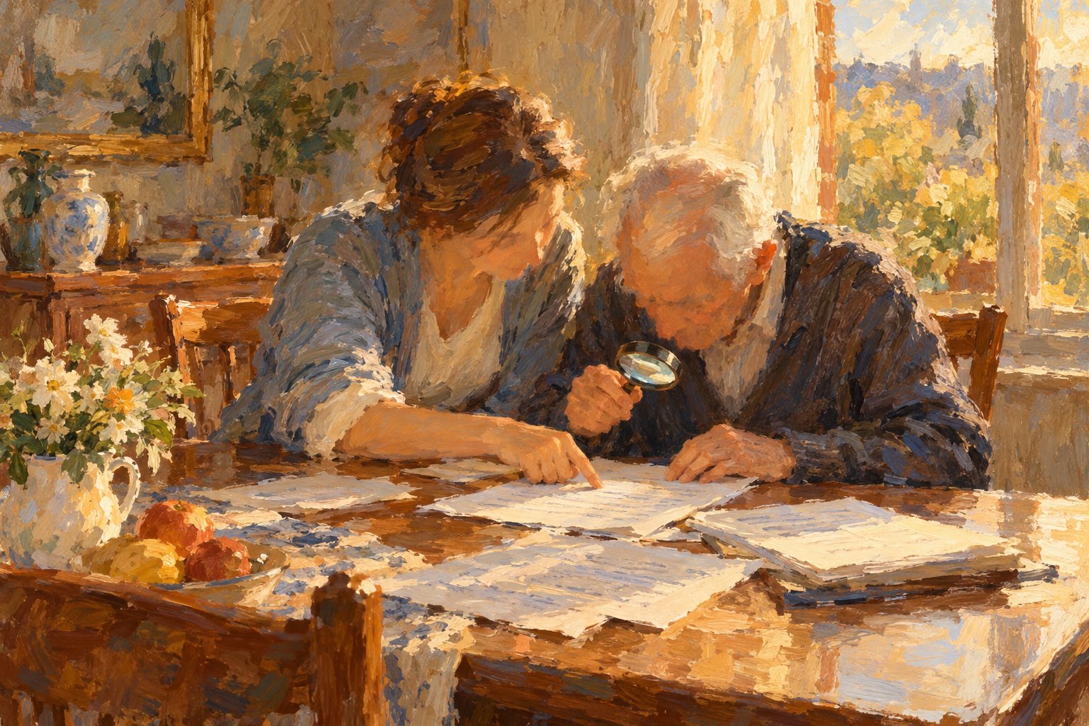 Pintura impresionista de una hija ayudando a su padre con documentos, sobre evaluacion neuropsicologica para tramites