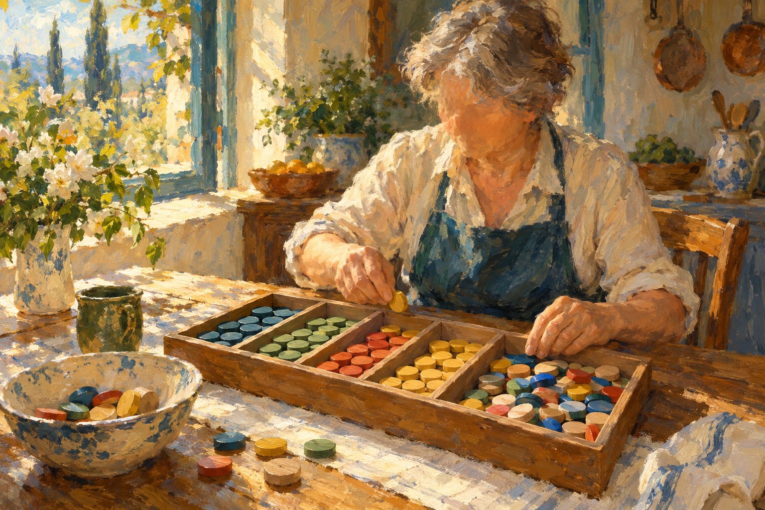 Pintura impresionista de manos adultas ordenando fichas de colores por compartimentos, sobre la evaluacion neuropsicologica en adultos