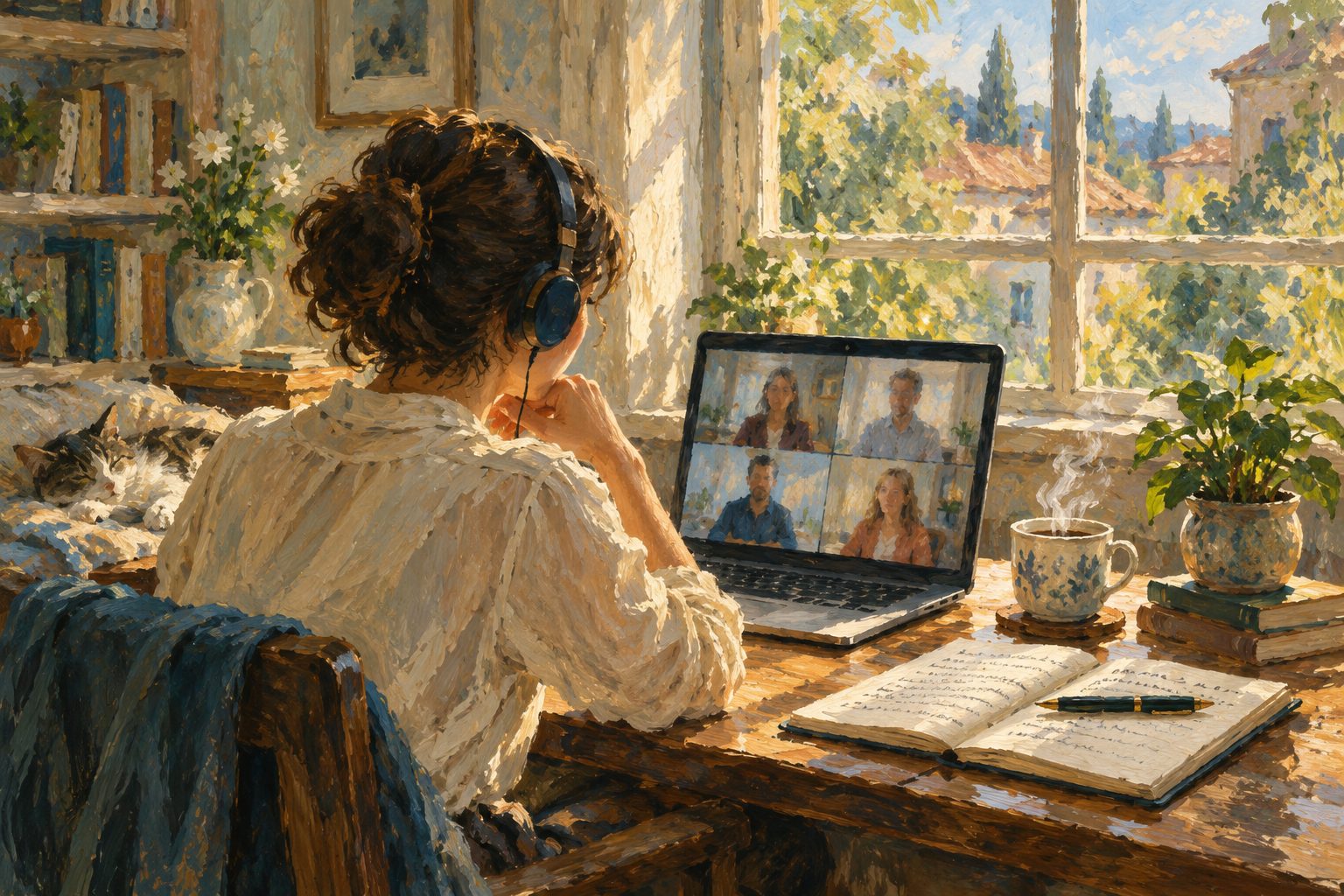 Pintura impresionista de alguien en una videollamada desde un escritorio hogareno con notas a mano, sobre la evaluacion neuropsicologica online