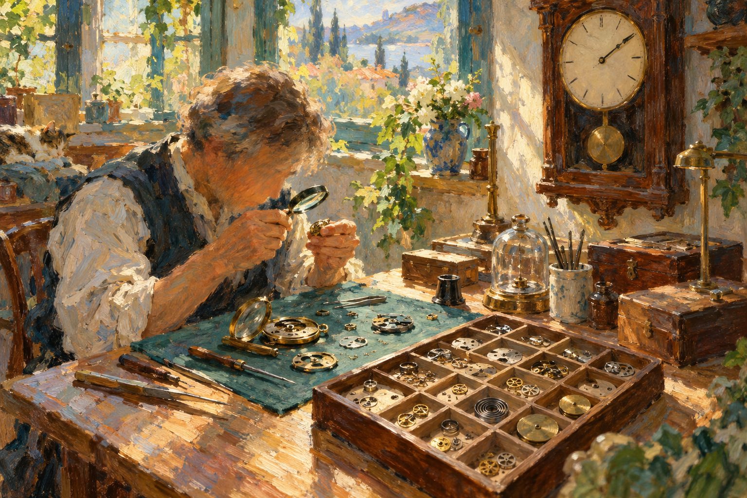 Pintura impresionista de alguien examinando con lupa los engranajes de un reloj desarmado, sobre la evaluacion neuropsicologica para TDAH