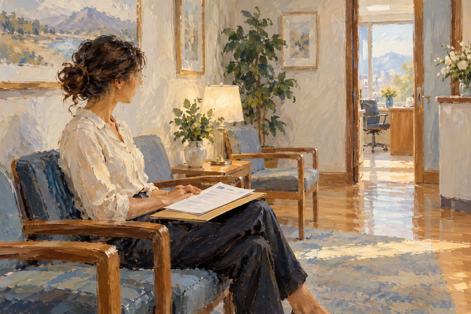 Pintura impresionista de una persona esperando con una carpeta cerrada, sobre la evaluacion psicolaboral en Chile