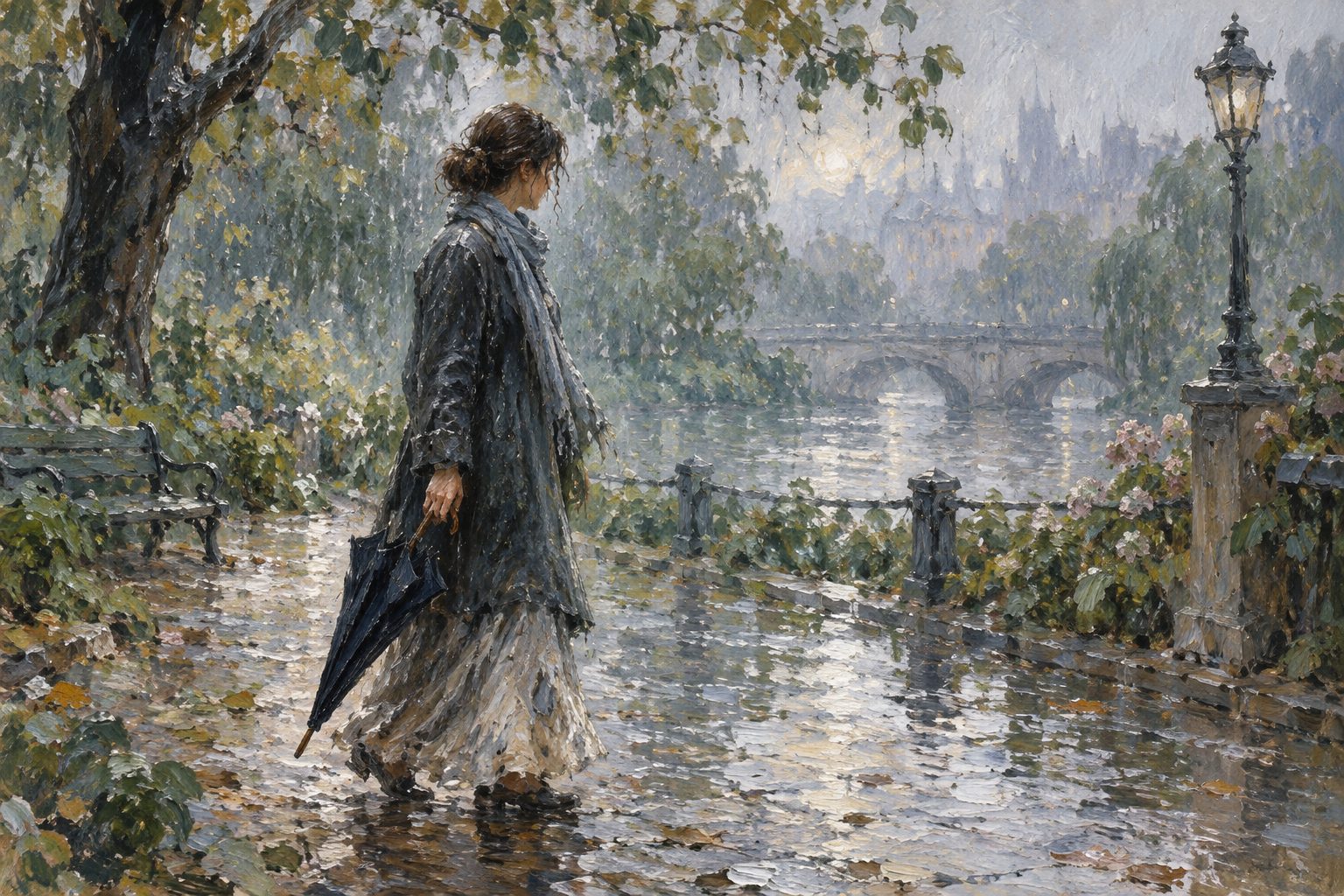 Pintura impresionista de una persona caminando bajo la lluvia con un paraguas cerrado, sobre la evitacion experiencial y el test AAQ-II