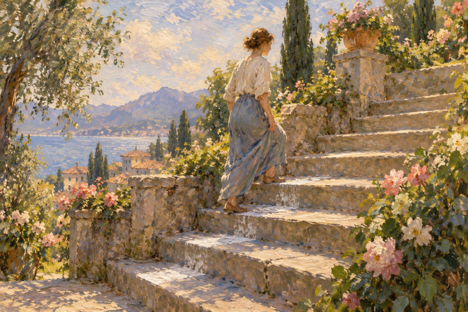 Pintura impresionista de una persona subiendo una escalera de piedra escalon a escalon, sobre la exposicion prolongada para el TEPT