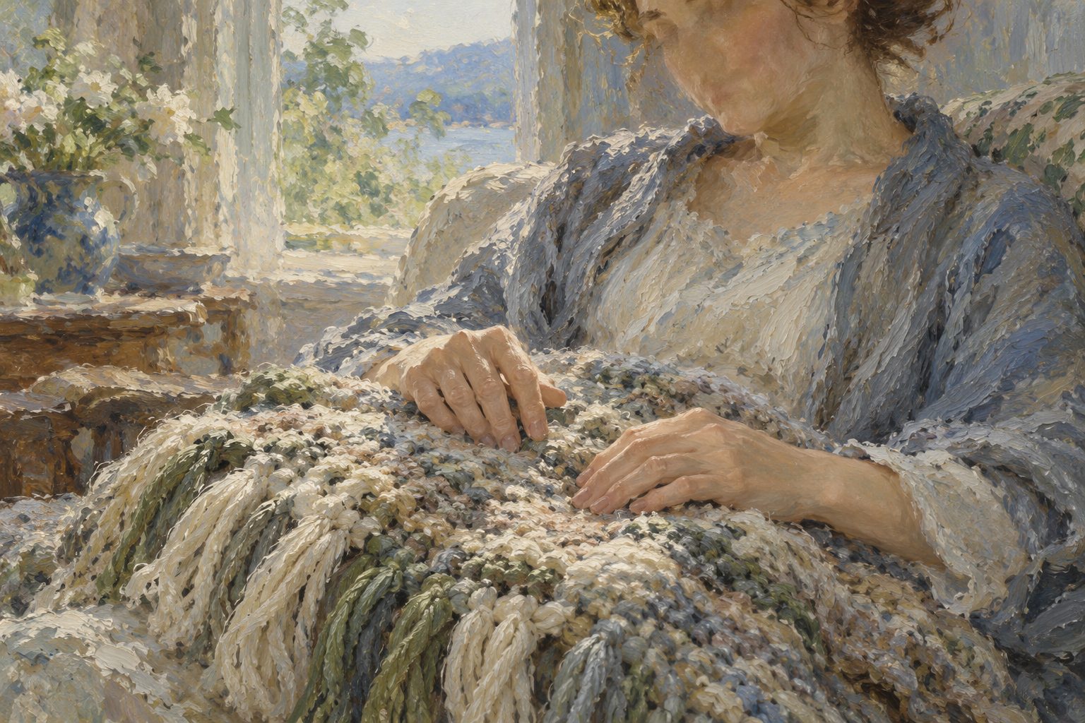 Pintura impresionista de unas manos tocando la textura de un tejido de lana, sobre la tecnica de anclaje para flashbacks