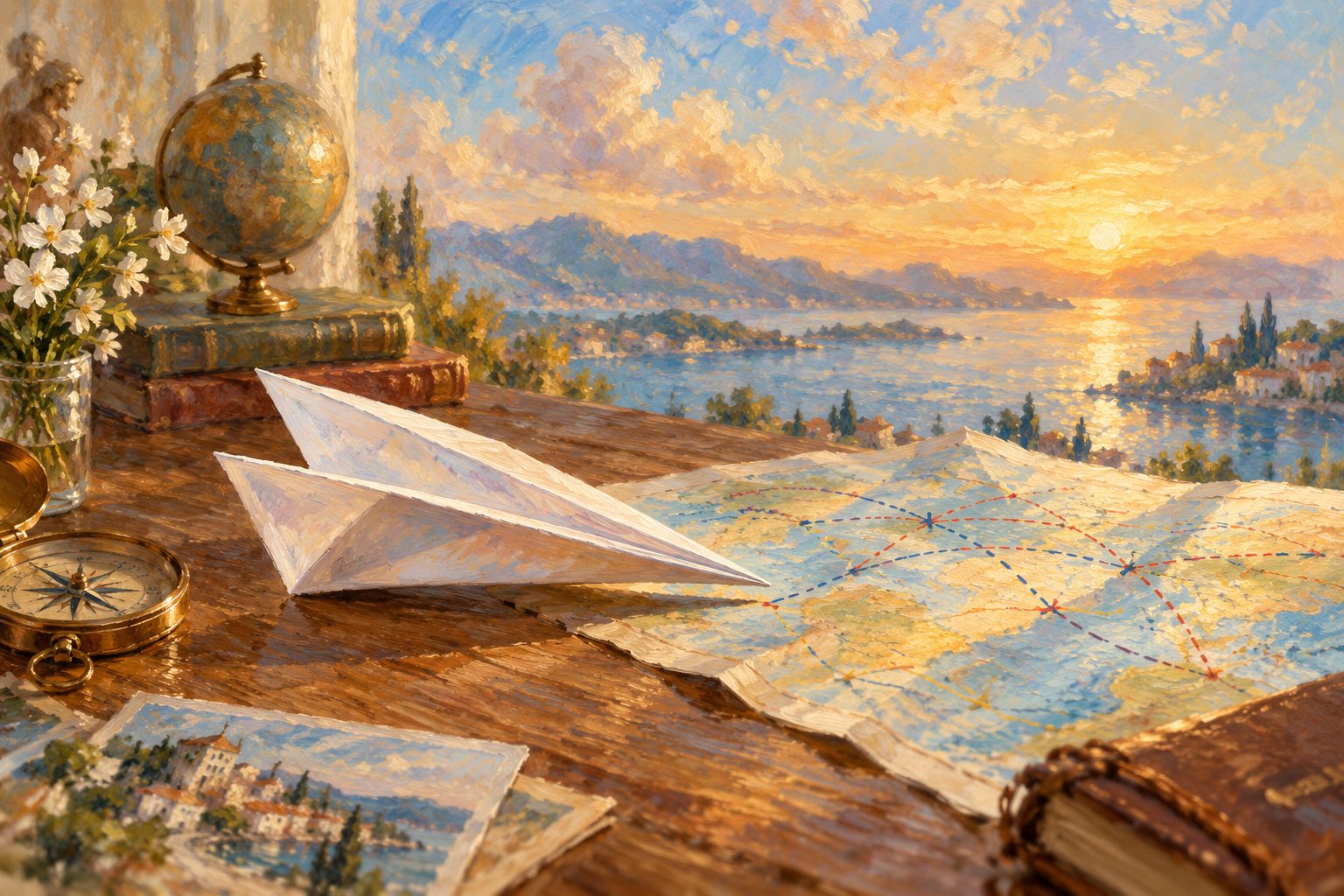 Pintura impresionista de un avion de papel planeando hacia un cielo despejado, sobre la fobia a volar y su tratamiento