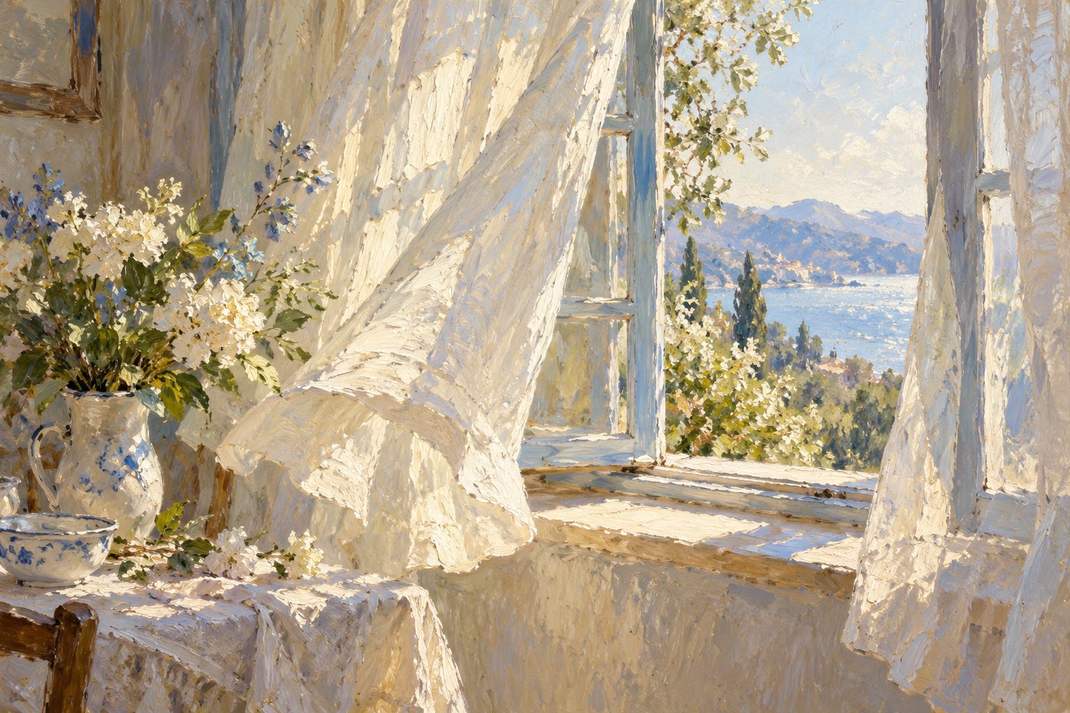 Pintura impresionista de una cortina de lino moviendose con la brisa en una ventana, sobre los tipos de fobia especifica