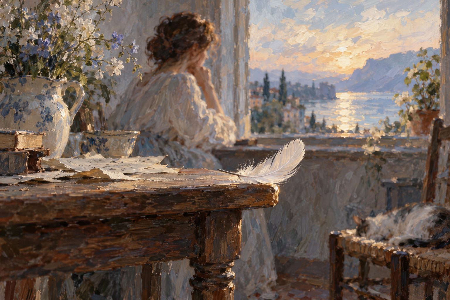 Pintura impresionista de una pluma en equilibrio sobre una mesa, ilustración sobre el gaslighting o luz de gas