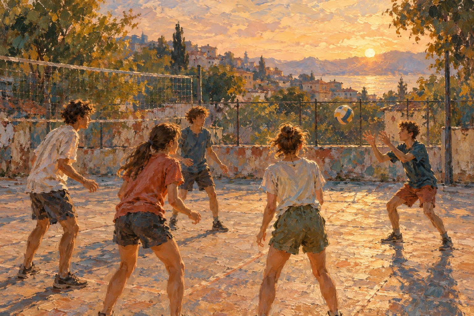 Pintura impresionista de un grupo de adolescentes jugando voleibol en circulo con un pase llegando a alguien nuevo, sobre las habilidades sociales en adolescentes