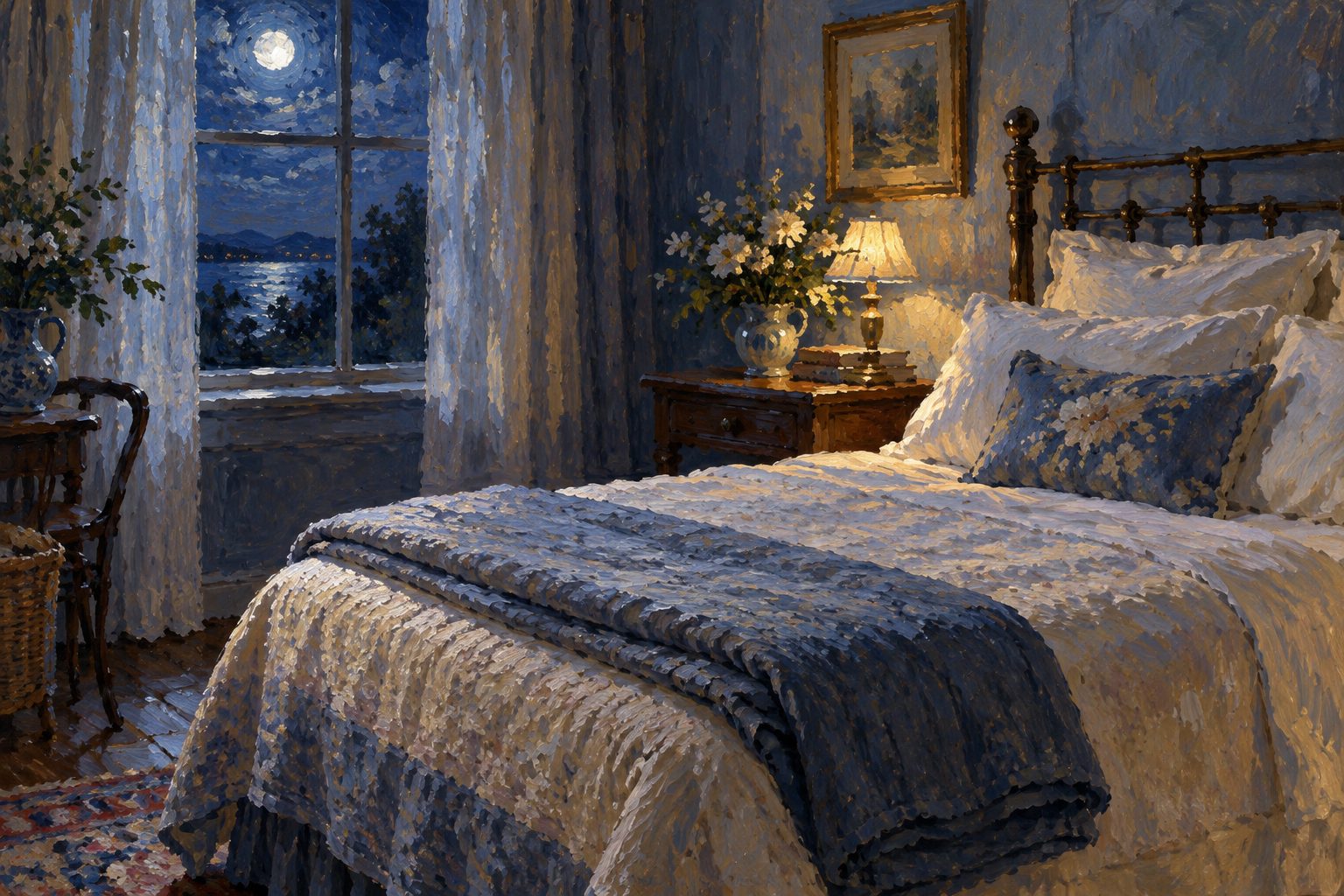 Pintura impresionista de una cama pulcramente hecha bajo luz de luna, sobre los habitos de higiene del sueno