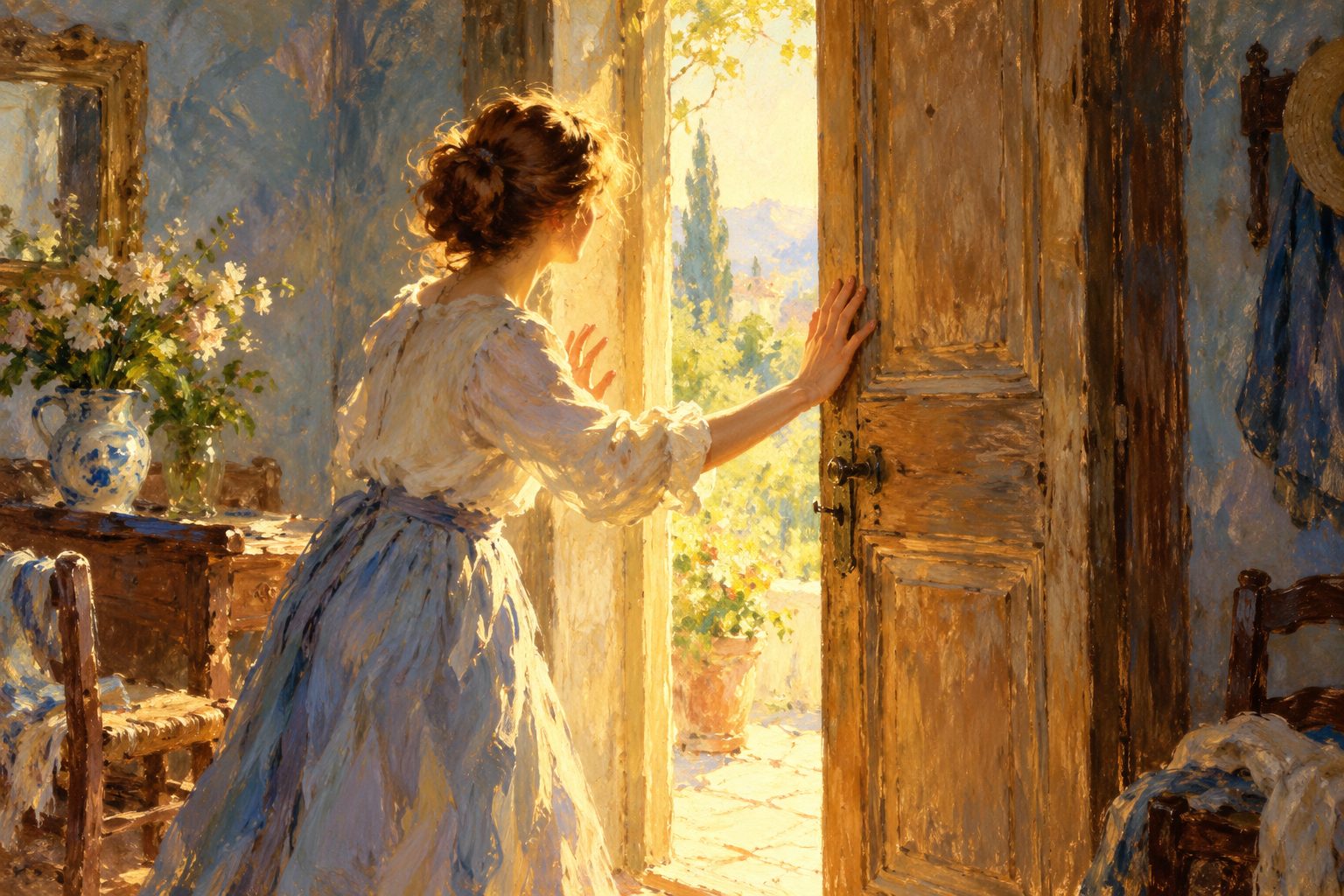 Pintura impresionista de una persona abriendo con sorpresa una puerta que creia atascada, sobre la indefension aprendida