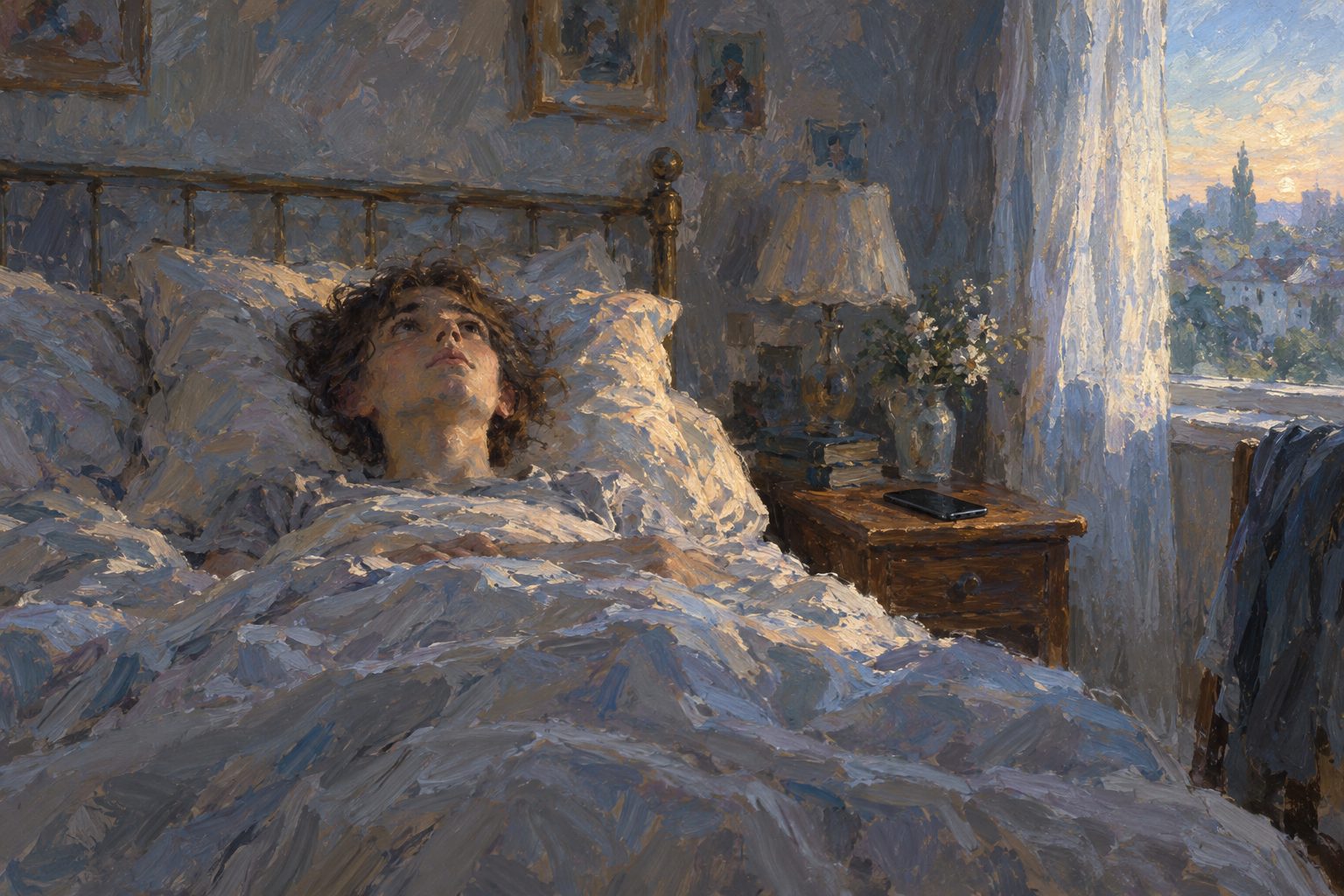 Pintura impresionista de un adolescente despierto en su cama con el telefono apagado, sobre el insomnio adolescente