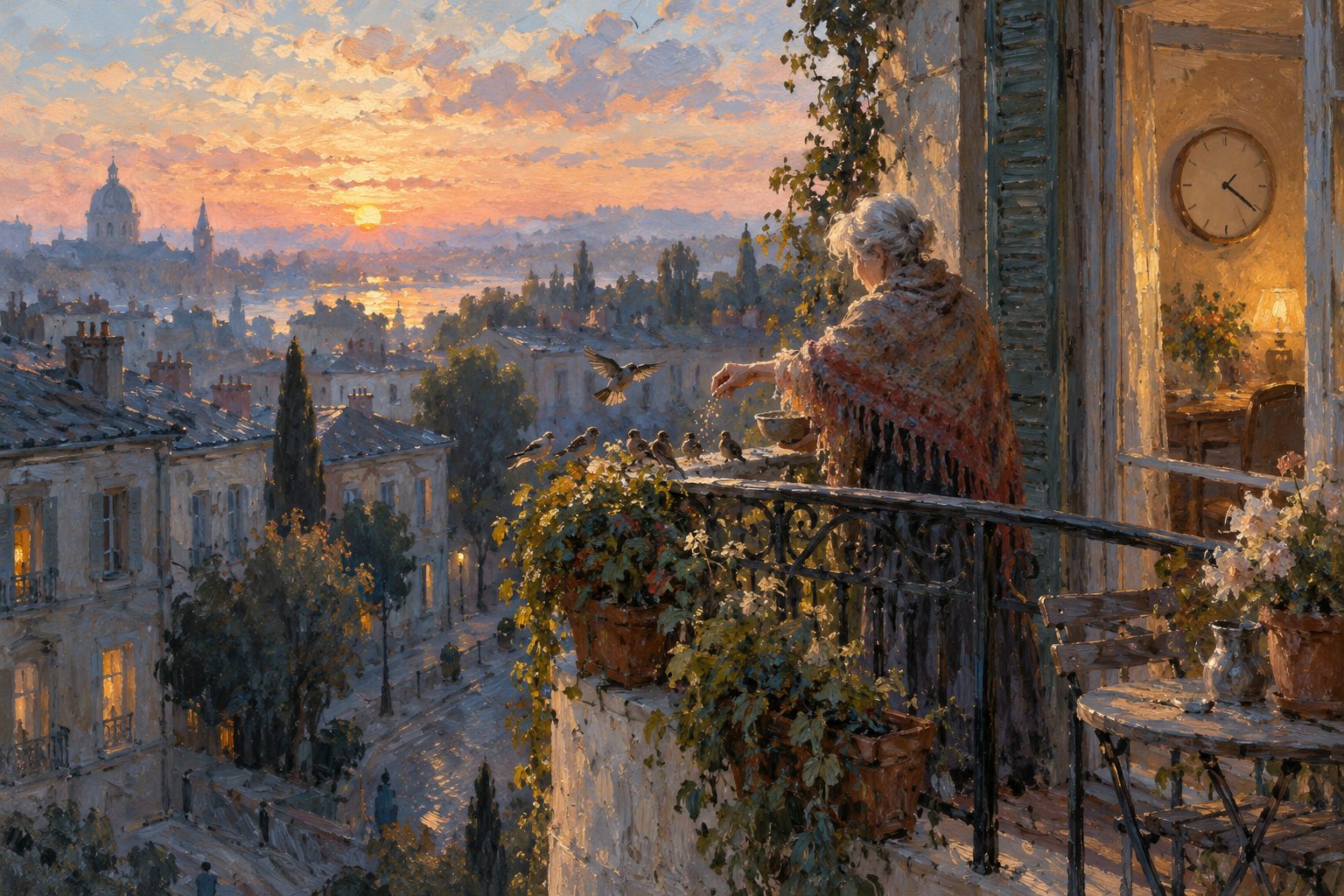 Pintura impresionista de un adulto mayor al amanecer, sobre el insomnio en adultos mayores