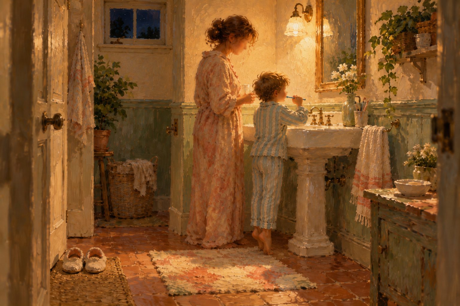 Pintura impresionista de un nino en pijama lavandose los dientes acompanado antes de dormir, sobre el insomnio infantil