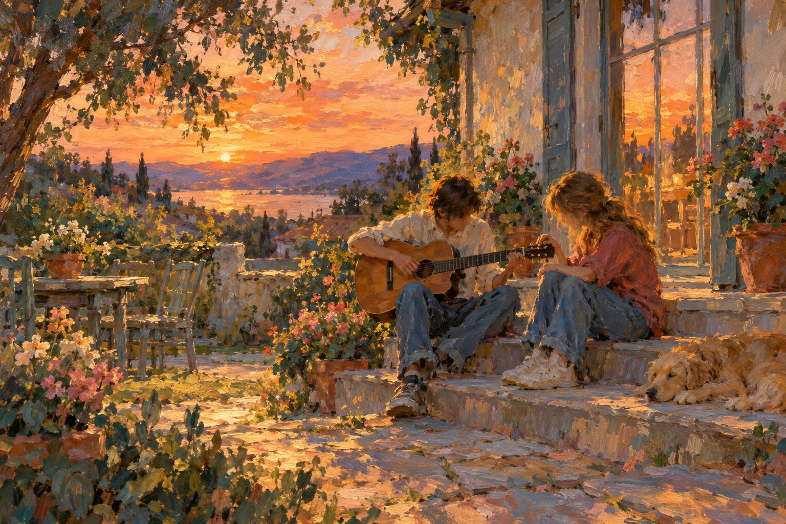Pintura impresionista de dos adolescentes afinando juntos una guitarra en los escalones del patio, sobre la inteligencia emocional en adolescentes