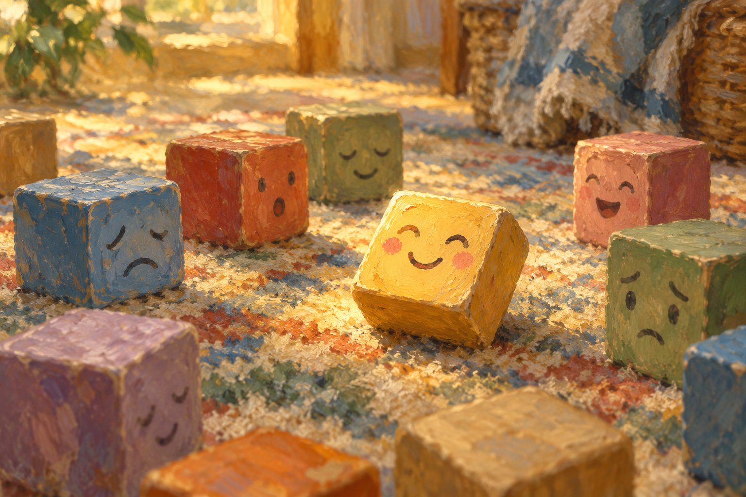 Pintura impresionista de bloques de madera con expresiones faciales sobre una alfombra, sobre actividades de inteligencia emocional infantil