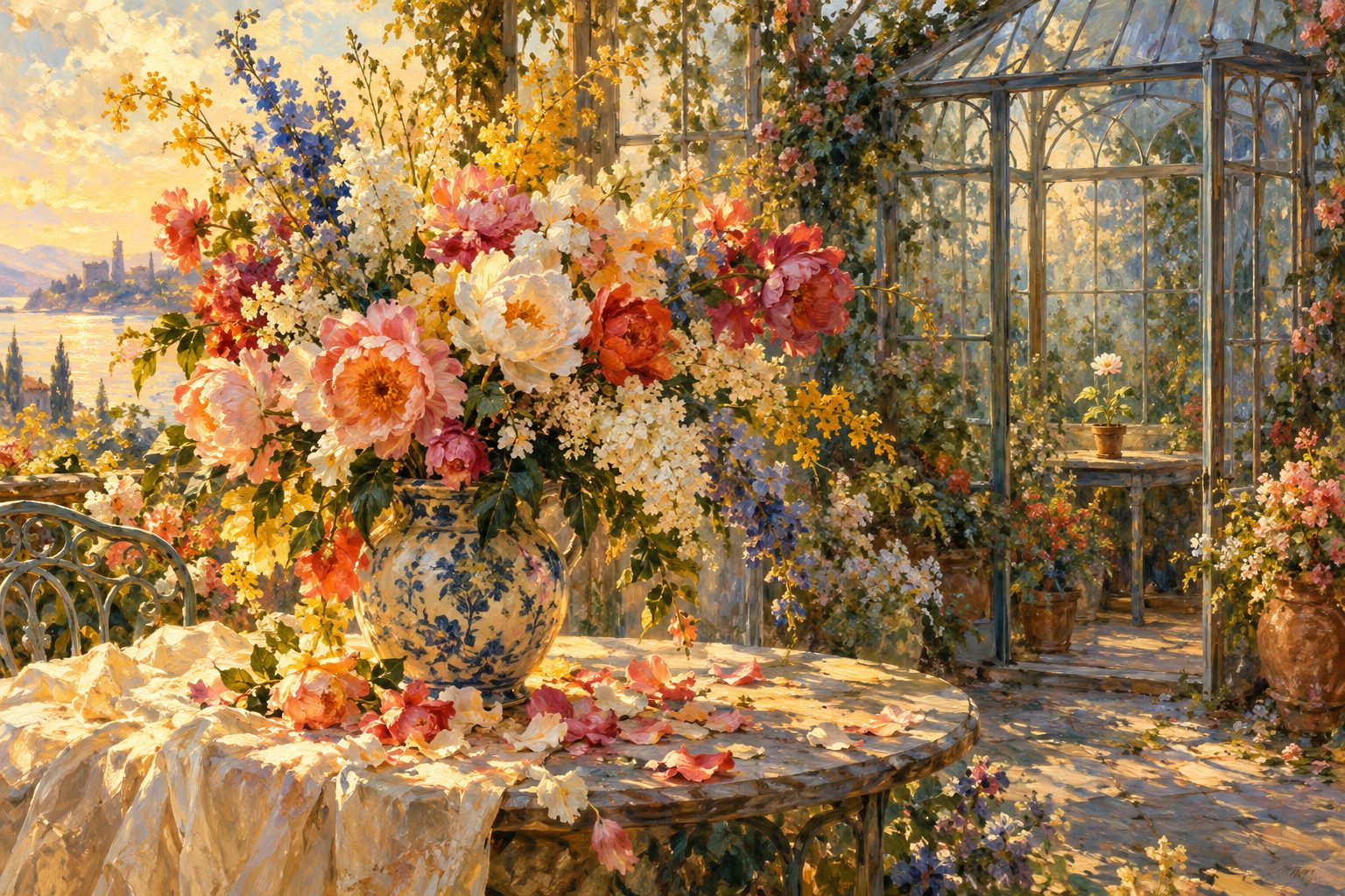Bodegon impresionista de un ramo desbordante perdiendo petalos junto a una flor pequena y estable al fondo, sobre el love bombing