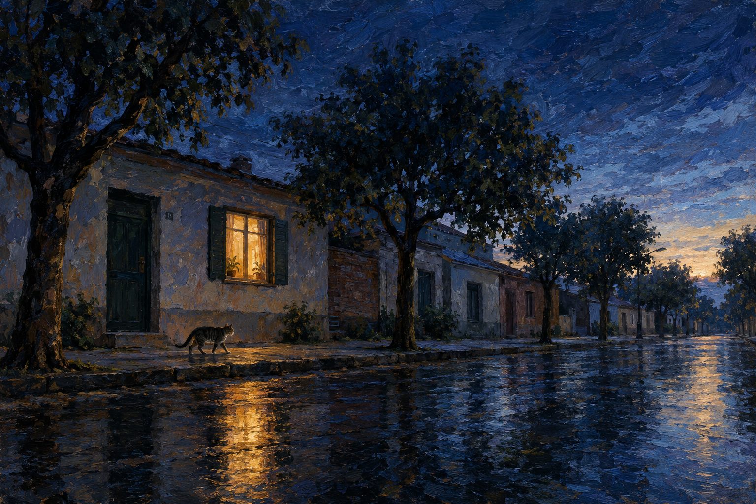 Pintura impresionista de una calle de madrugada con una sola ventana iluminada, sobre despertarse a las 3 de la manana