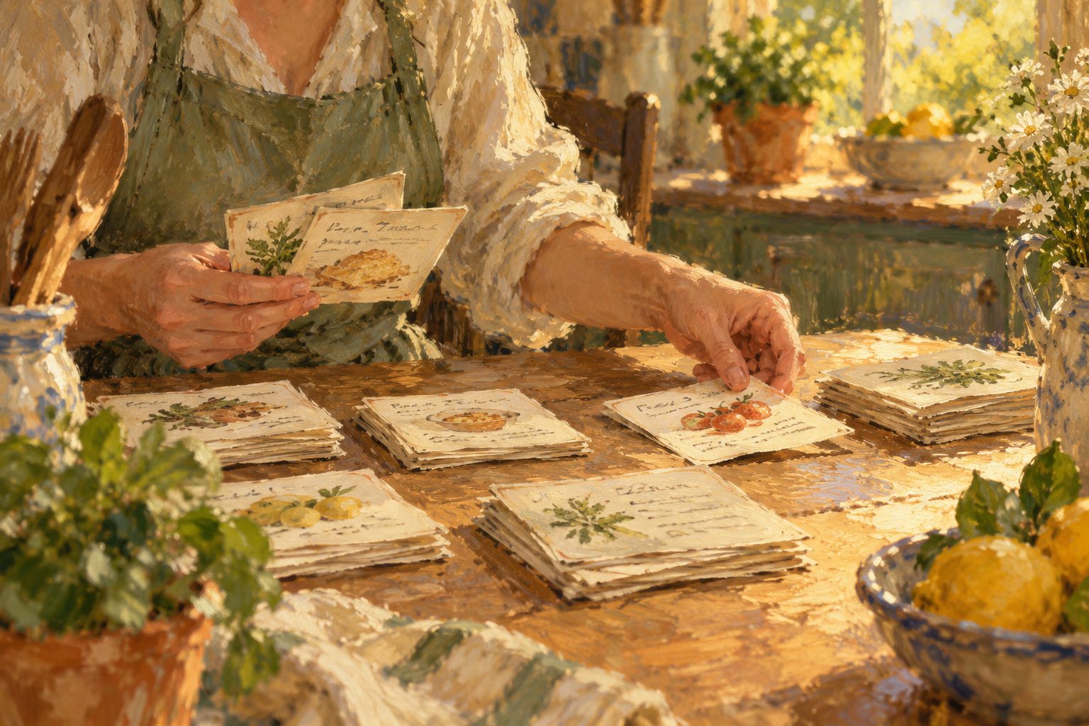 Pintura impresionista de manos ordenando tarjetas en la cocina, sobre la memoria de trabajo