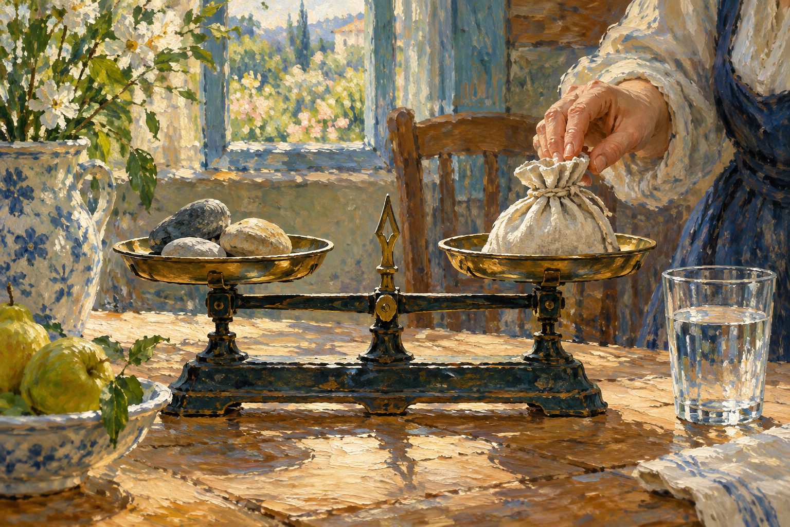 Pintura impresionista de una mano equilibrando con cuidado una balanza de cocina antigua, sobre el metilfenidato en ninos y sus dudas