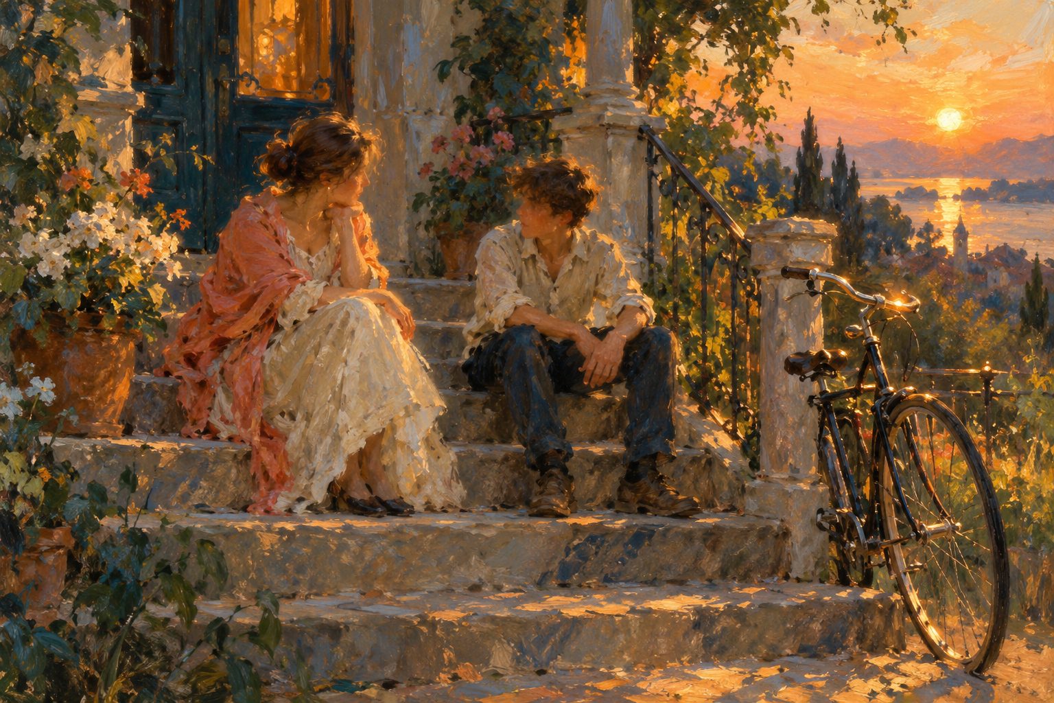 Pintura impresionista de un adulto y un adolescente conversando al atardecer, sobre el consumo de marihuana adolescente