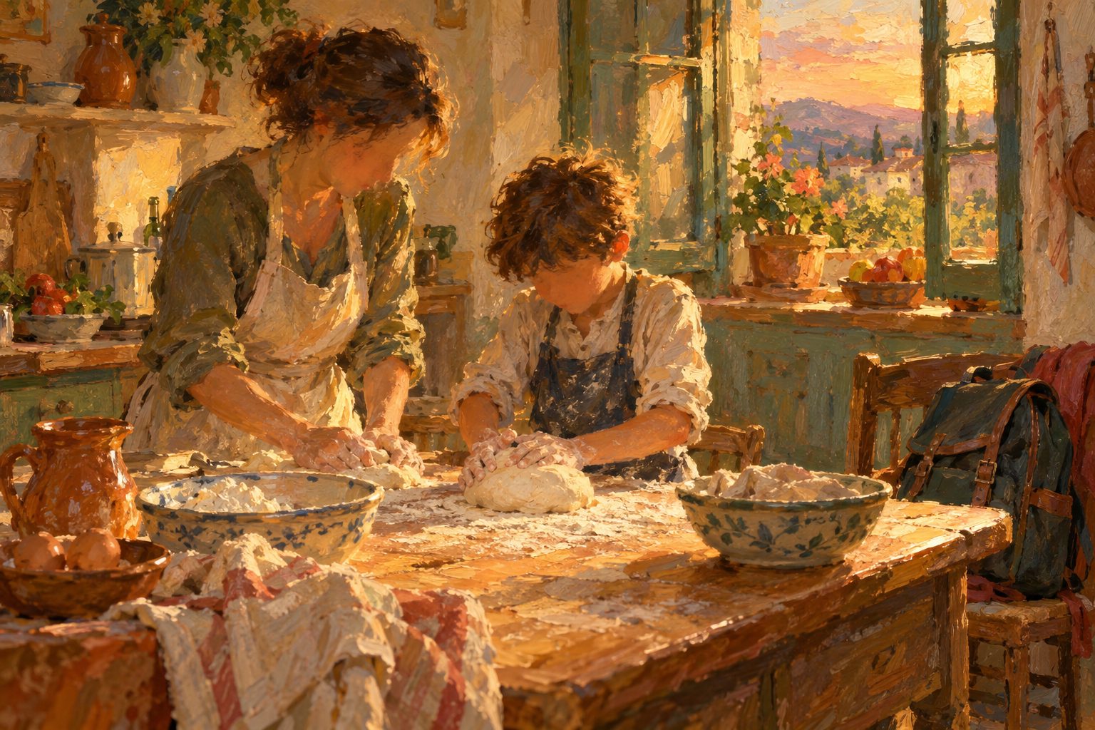 Pintura impresionista de un nino amasando pan junto a un adulto con la mochila esperando aparte, sobre por que un hijo no quiere estudiar
