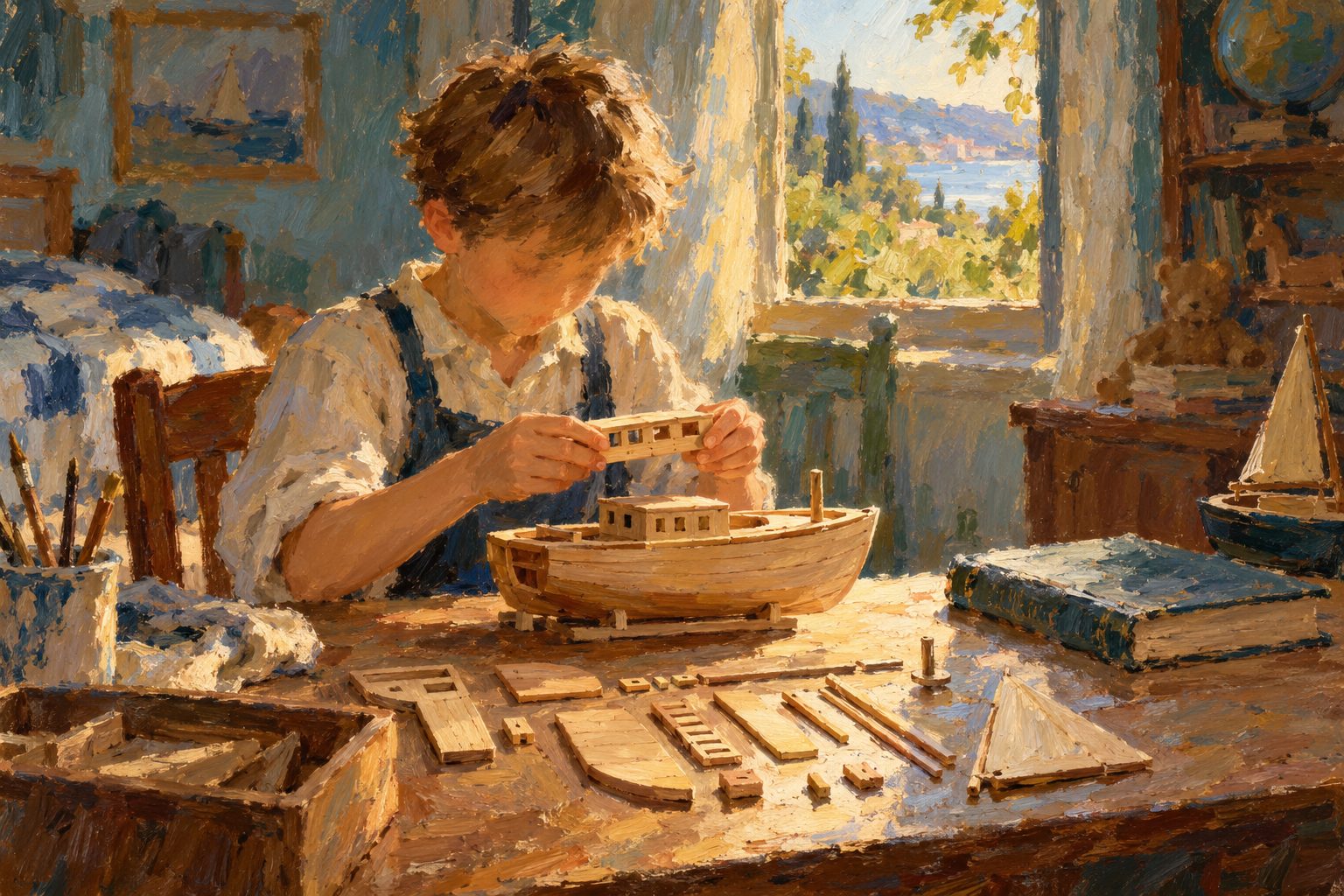 Pintura impresionista de un nino armando con calma una maqueta de barco, sobre por que un hijo no se concentra