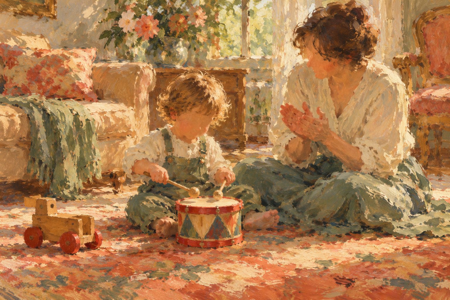 Pintura impresionista de un nino golpeando un tambor de juguete al ritmo de un adulto, sobre por que un nino pega y que hacer