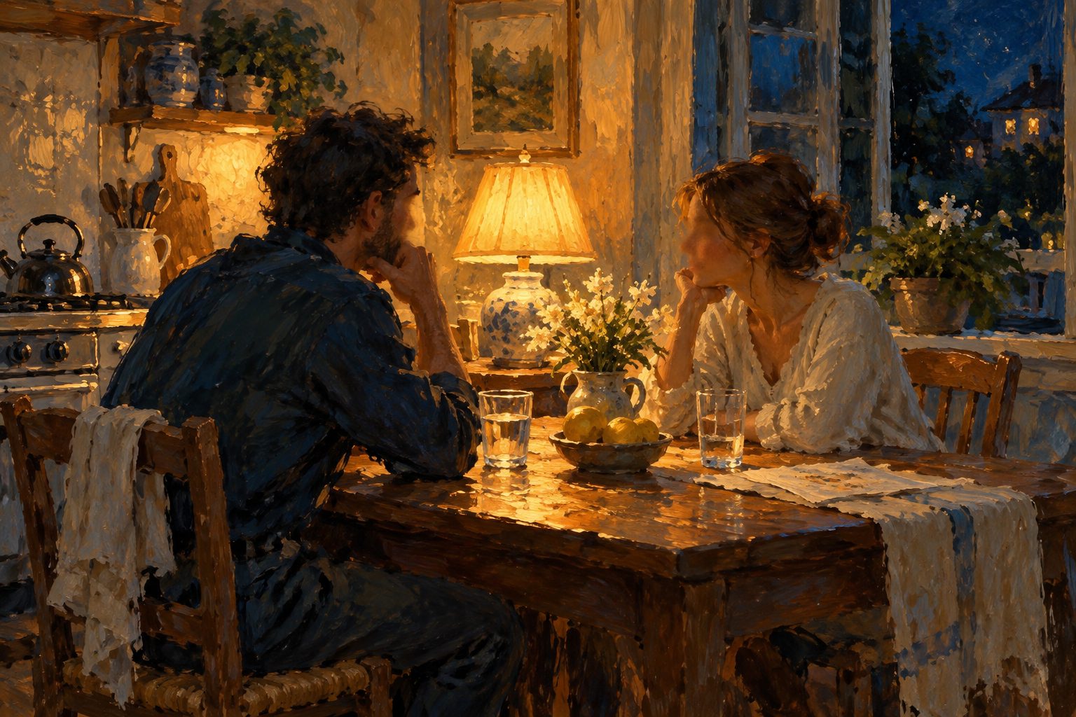 Pintura impresionista de una pareja conversando de noche en la cocina, sobre el alcohol en pareja