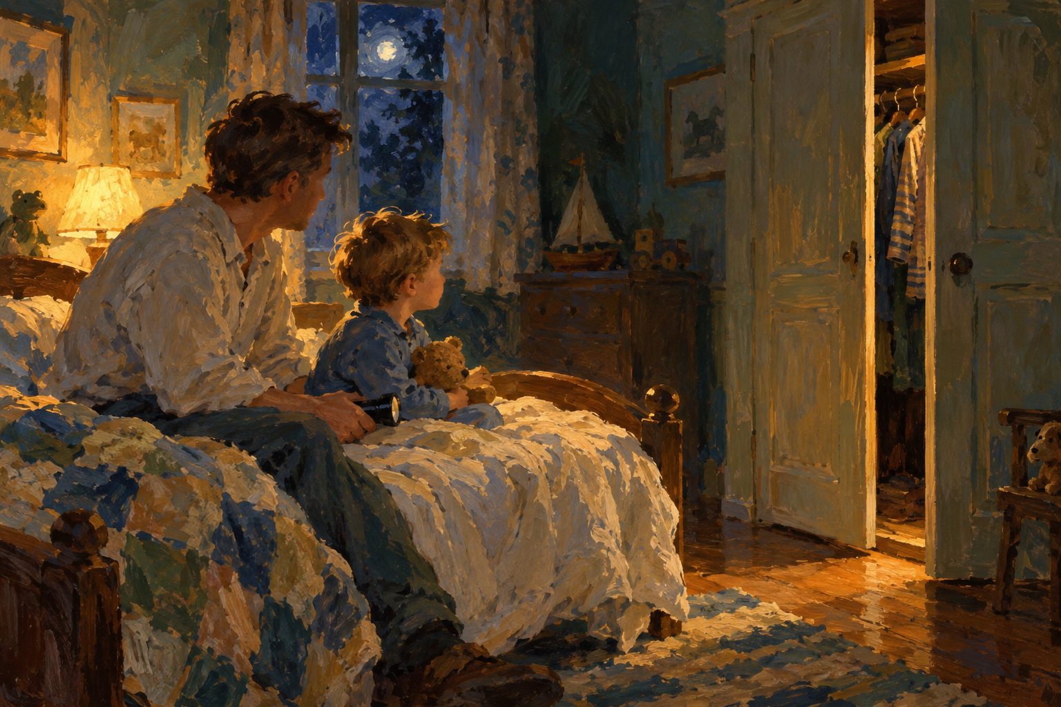 Pintura impresionista de un nino y un adulto revisando juntos el armario por la noche con calma, sobre los miedos infantiles por edad