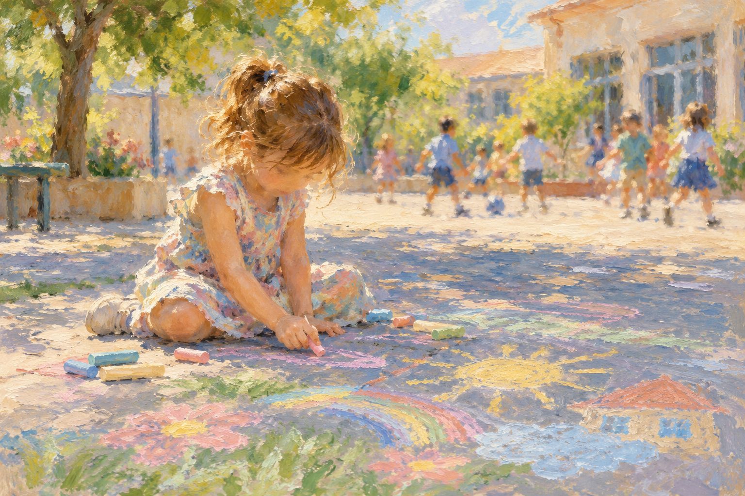 Pintura impresionista de una nina dibujando con tizas en el patio del colegio, sobre el mutismo selectivo en ninos
