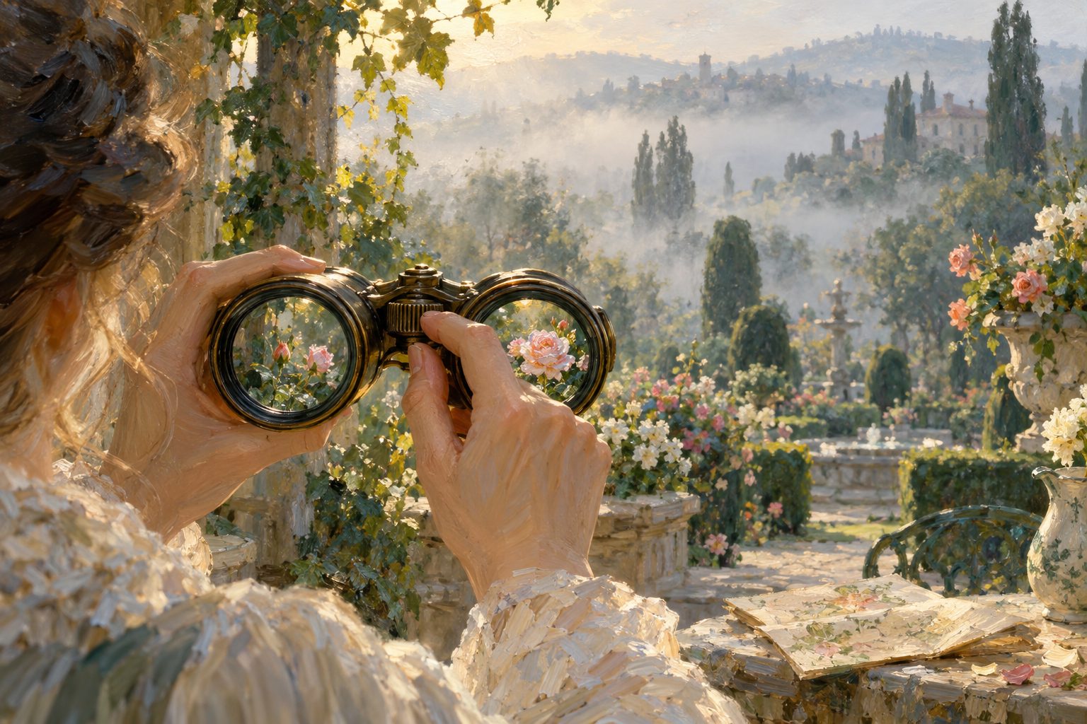 Pintura impresionista de unas manos enfocando binoculares en un jardin, sobre la niebla mental o brain fog