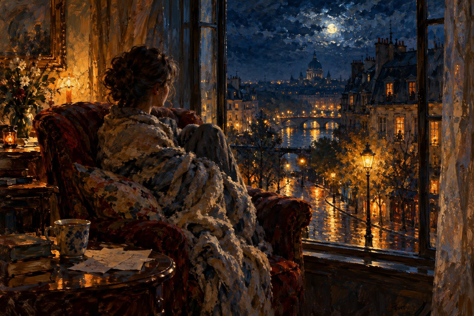 Pintura impresionista de una persona despierta de noche junto a la ventana, sobre el insomnio por ansiedad