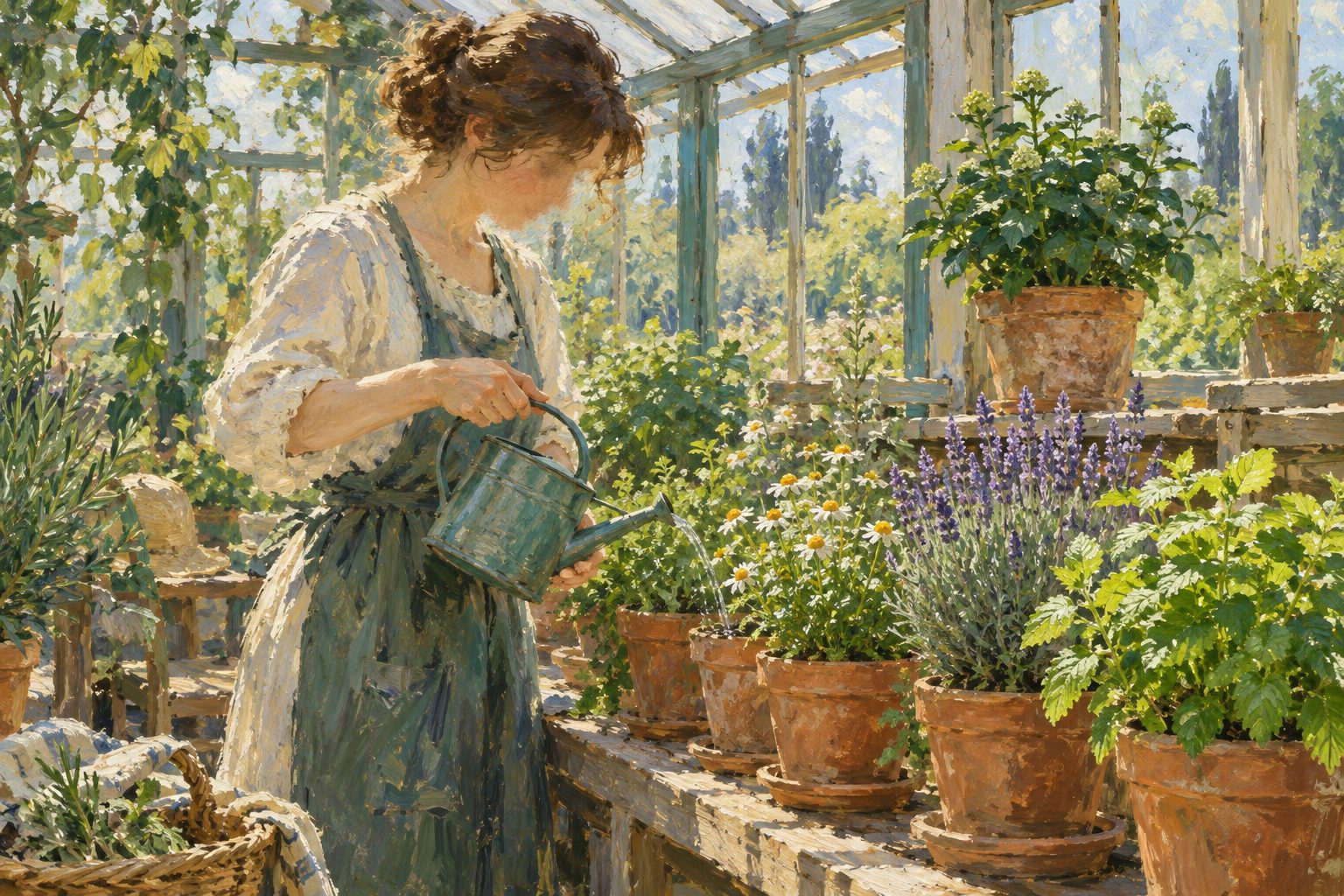Pintura impresionista de alguien regando hierbas en un invernadero con una maceta aparte esperando, sobre las pastillas para la ansiedad sin receta