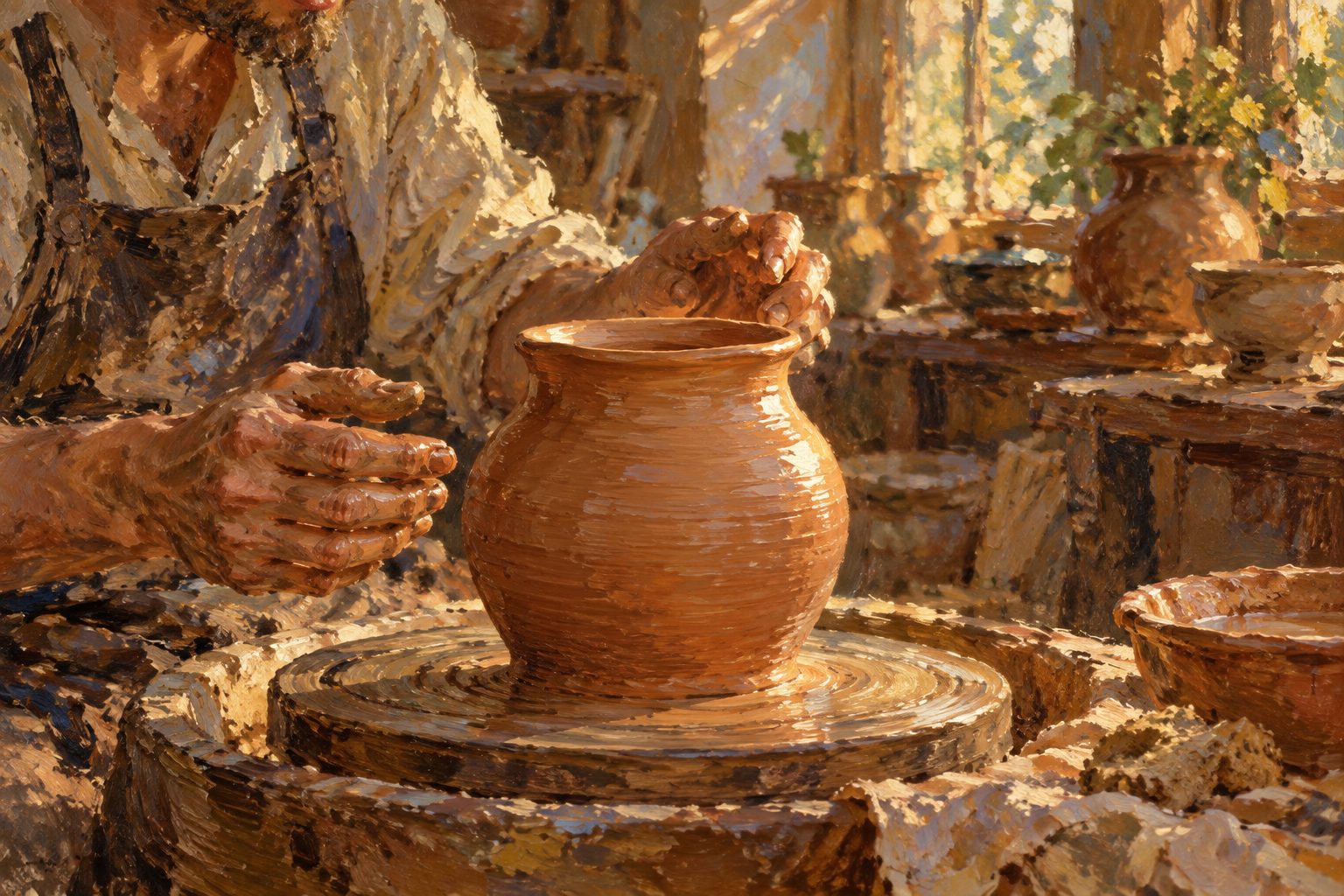 Pintura impresionista de una vasija de ceramica con una leve imperfeccion sobre una rueda de alfarero, sobre el perfeccionismo