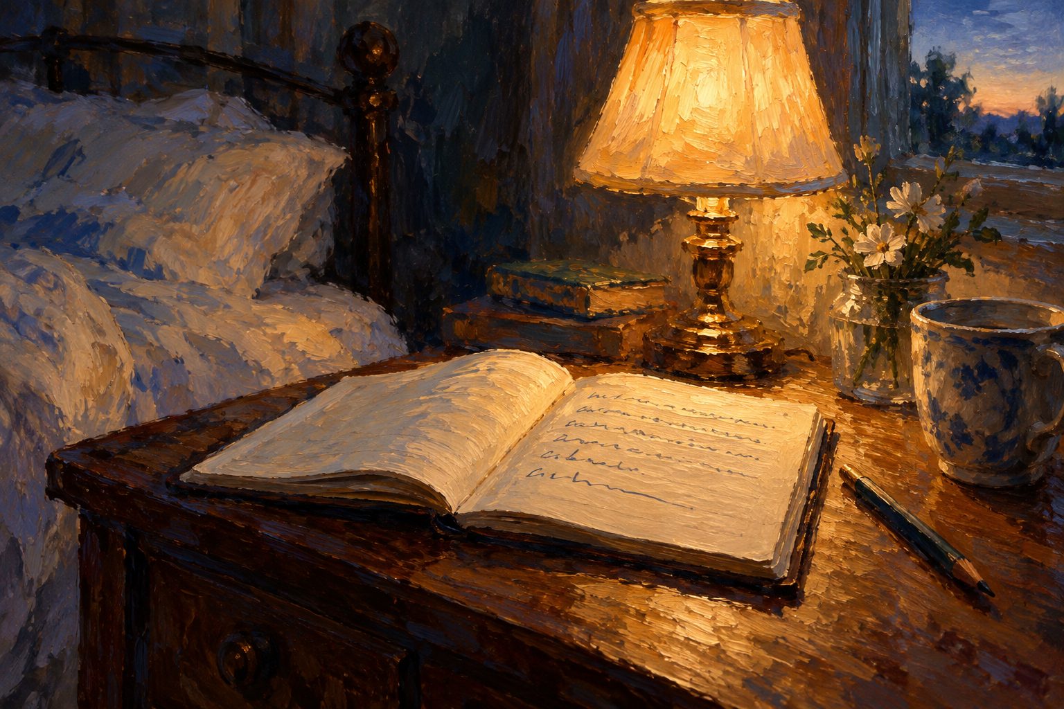 Pintura impresionista de una libreta abierta en una mesa de noche de madrugada, sobre las pesadillas frecuentes en adultos