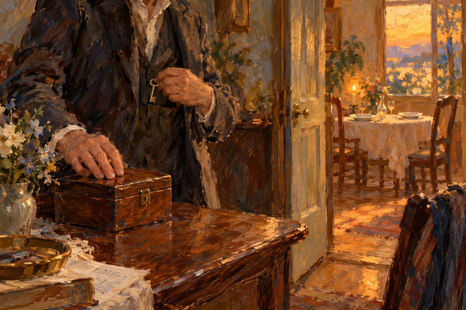 Pintura impresionista de una llave guardada y una mesa familiar puesta, sobre poner límites a un familiar adicto