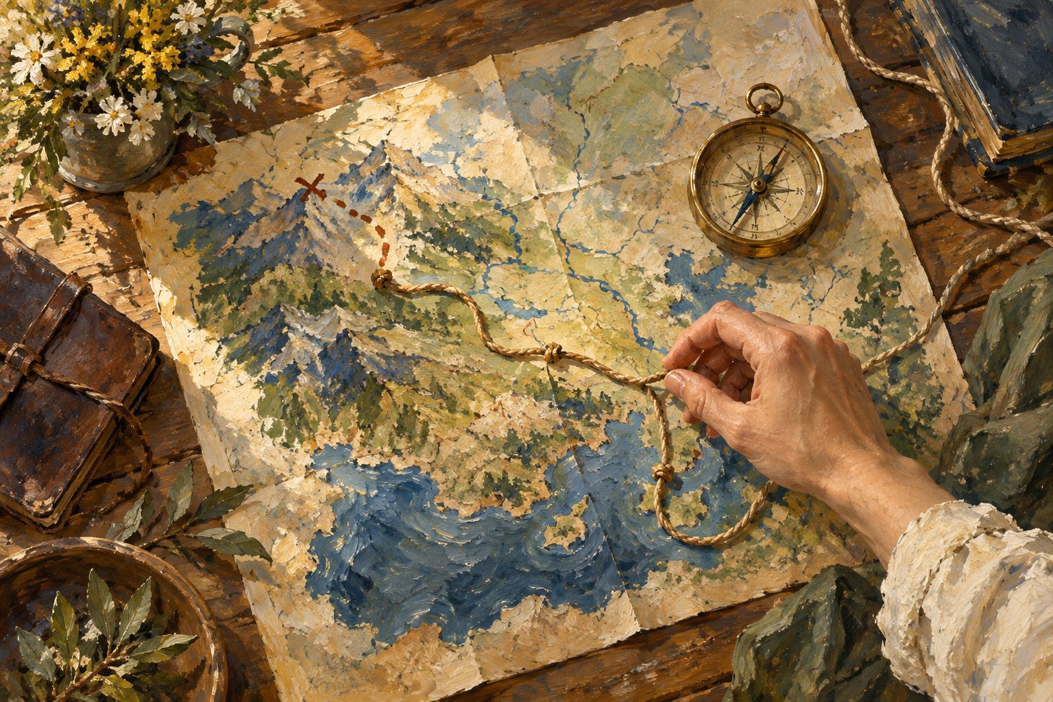 Pintura impresionista de un mapa y una brujula sobre una mesa, sobre la prevencion de recaidas
