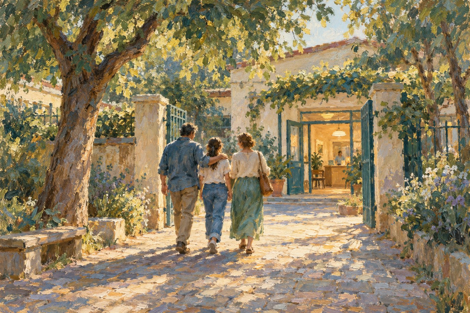 Pintura impresionista de una familia llegando junta a un centro de salud comunitario, sobre que hacer ante un primer episodio psicotico