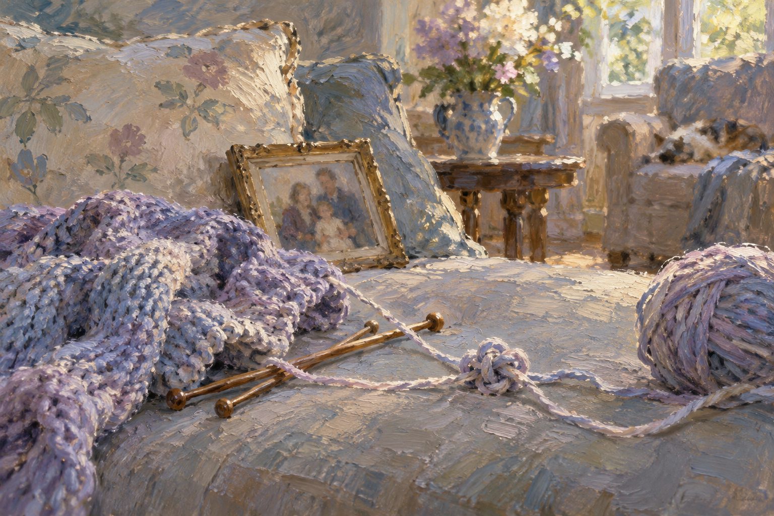 Pintura impresionista de un tejido a medio terminar, sobre la pseudodemencia depresiva