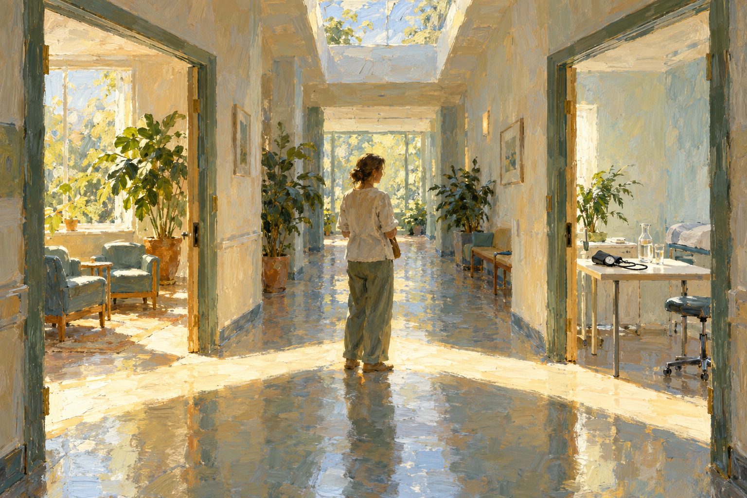 Pintura impresionista de un pasillo con dos puertas abiertas y la luz uniendose en el suelo, sobre elegir psicologo o psiquiatra