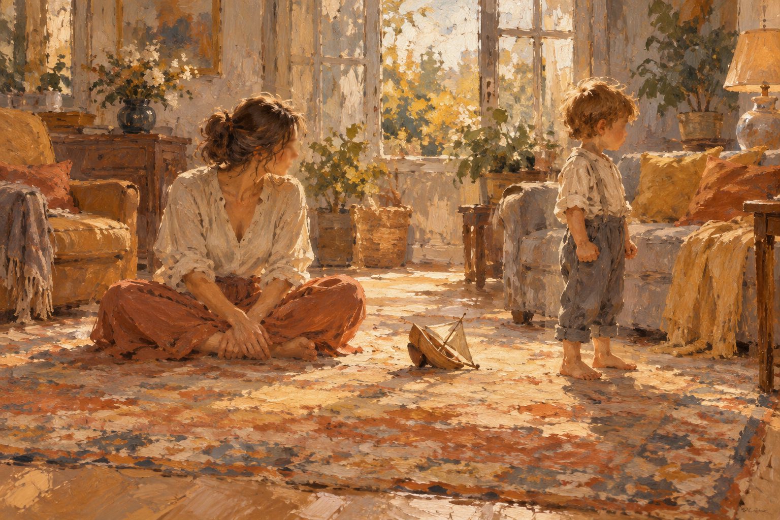 Pintura impresionista de una madre y su hijo pequeño en la sala, sobre cómo manejar las rabietas