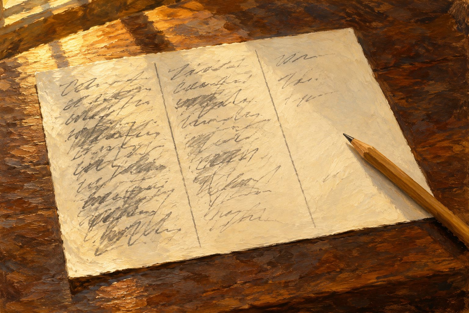 Pintura impresionista de una hoja con tres columnas trazadas a mano sobre un escritorio, sobre el registro de pensamientos de Beck
